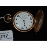 ANTIQUE 1/2 HUNTER POCKET WATCH WITH KEYLESS MOVEMENT IN A GOLD PLATED CASE.