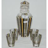 1930'S ART DECO FACETED GLASS DECANTER & 4 GLASSES WITH BLACK AND YELLOW STRIPES.