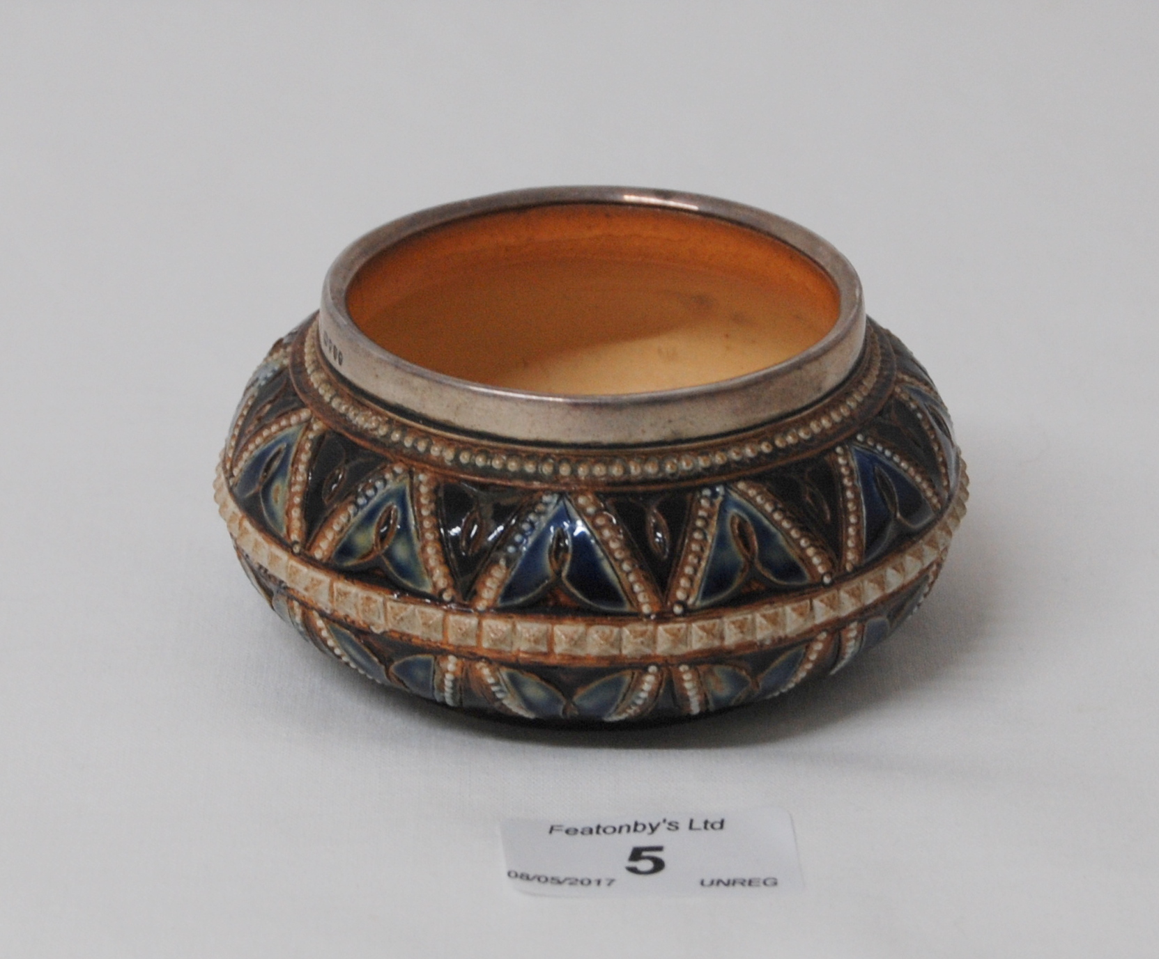 DOULTON LAMBETH SQUAT FORM STONEWARE BOWL WITH SILVER RIM & GEOMETRIC PATTERN INCISED ARTISTS