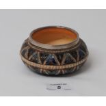 DOULTON LAMBETH SQUAT FORM STONEWARE BOWL WITH SILVER RIM & GEOMETRIC PATTERN INCISED ARTISTS