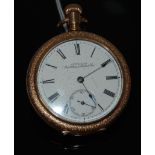 WALTHAM POCKET WATCH WITH KEYLESS MOVEMENT SUBSIDIARY SECONDS DIAL IN AN OPEN FACED GOLD PLATED