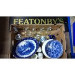 1 BOX OF BLUE & WHITE & GLASSES