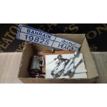 BOX OF FLATWARE & BAHRAIN NUMBER PLATES