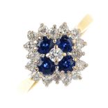 An 18ct gold sapphire and diamond cluster ring. The brilliant-cut diamond, within a circular-shape