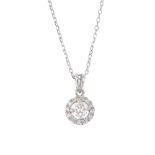 A platinum diamond cluster pendant. The brilliant-cut diamond, with similarly-cut diamond