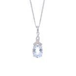 A 9ct gold aquamarine and diamond pendant. The oval-shape aquamarine, with single-cut diamond scroll