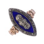 A diamond and enamel dress ring. Designed as a series of three old-cut diamonds, within a blue