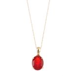 A 14ct gold fire opal pendant. The 14ct gold oval-shape fire opal, with tapered surmount,