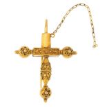 A late Victorian brooch. Designed as a cross, with cannetile detail. Length 3.8cms. Width 2.8cms.