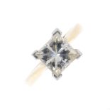 An 18ct gold moissanite single-stone ring. The square-shape moissanite, with plain band. Hallmarks