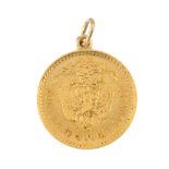 A Mexican gold coin pendant. The Mexican coin dated 1910, depicting a profile of Miguel Hidalgo,