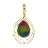 An ammolite doublet and diamond pendant. The pear-shape ammolite doublet panel, within a brilliant-