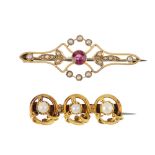 Two early 20th century split pearl and gem-set brooches. To include a 9ct gold circular-shape garnet