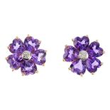 A pair of 9ct gold amethyst and diamond cluster earrings. Each designed as a single-cut diamond,