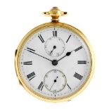 An open face pocket watch by R. Haswell & Sons. 18ct yellow gold case, hallmarked London 1884.