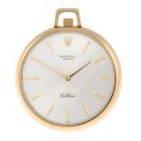 An open face Cellini pocket watch by Rolex. Yellow metal case, stamped 18K 0.750 with poincon.