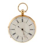 An open face centre seconds pocket watch by E.Wise. 18ct yellow gold case, hallmarked Chester