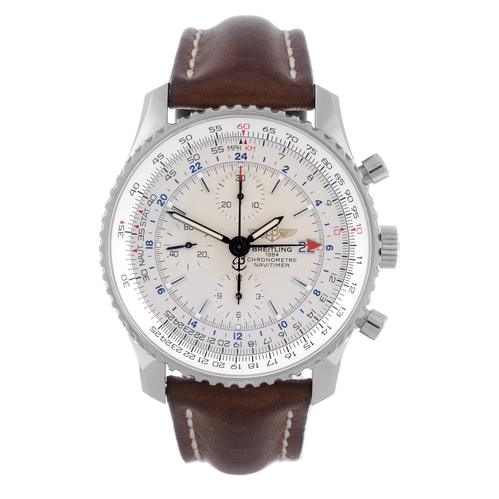 BREITLING - a gentleman's Navitimer World chronograph wrist watch. Stainless steel case with slide
