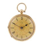 An open face pocket watch. 18ct yellow gold case, hallmarked London 1886. Unsigned key wind full