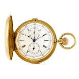 A minute repeater chronograph full hunter pocket watch. Yellow metal case, stamped 18C 0,755 with