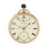 An open face pocket watch by J. Cannon. 18ct yellow gold case with engraving to case back and to