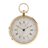 An open face centre seconds pocket watch. 18ct yellow gold case, rubbed hallmarks, possibly