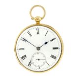 An open face pocket watch by French. 18ct yellow gold case, hallmarked London 1854. Signed key