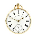 An open face pocket watch by Parkinson & Frodsham. 18ct yellow gold case engraved to cuvette,