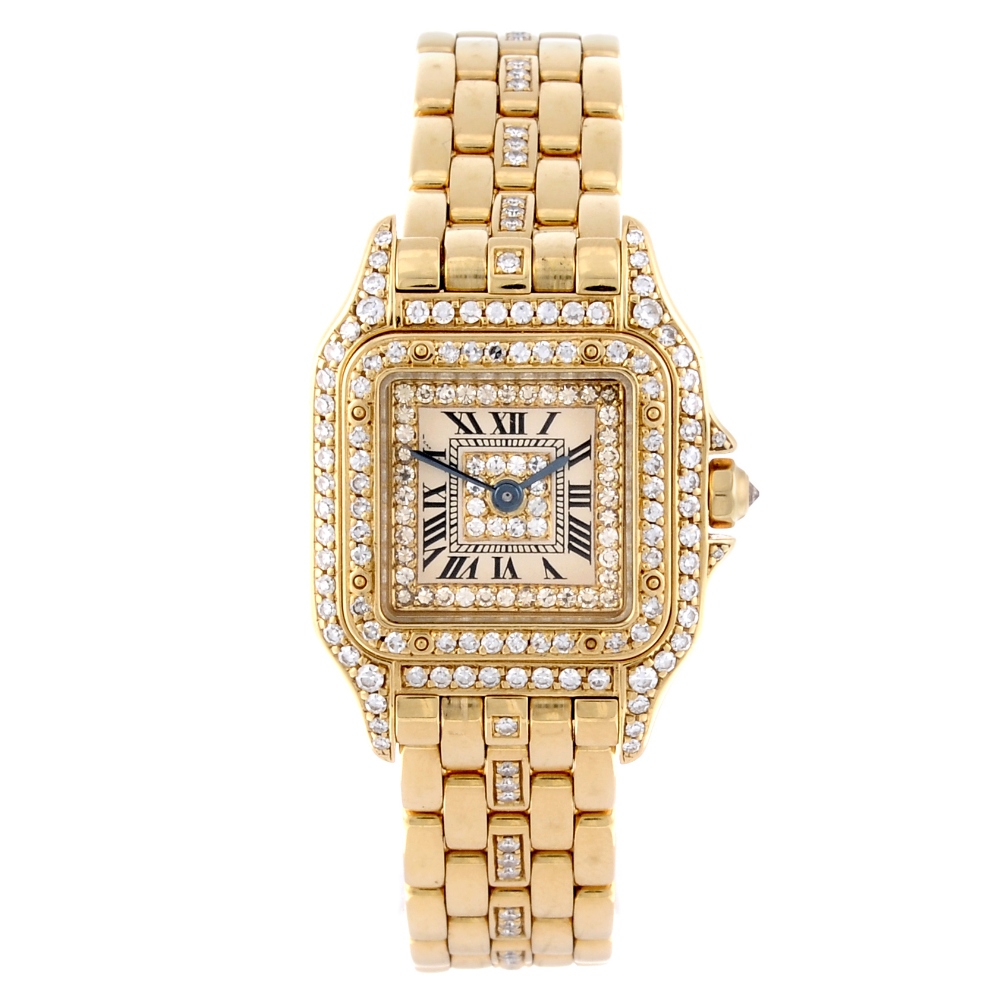 CARTIER - a Panthere bracelet watch. Diamond set 18ct yellow gold case with diamond set bezel.