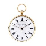 An open face centre seconds pocket watch by Owen Owens. 18ct yellow gold case, hallmarked Chester