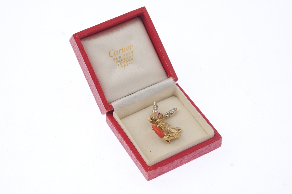 CARTIER - A 1970s diamond and gem-set rabbit brooch. The textured ...