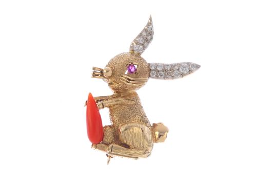 CARTIER - A 1970s diamond and gem-set rabbit brooch. The textured ...