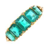 A late Victorian 18ct gold Colombian emerald and diamond ring. The graduated rectangular-shape