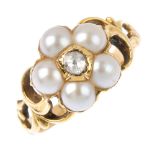 A late Georgian 15ct gold, diamond and split pearl floral cluster ring. The foil-back rose-cut
