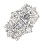 An 18ct gold diamond cluster ring. The baguette-cut diamond alternately-set line, with brilliant-cut