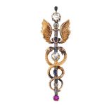 A late Victorian 15ct gold and silver diamond and gem-set caduceus brooch. The rose-cut diamond,