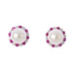 A pair of 18ct gold cultured pearl, ruby and diamond earrings. Each designed as a cultured pearl
