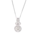 A diamond cluster pendant. The brilliant-cut diamond cluster and halo, suspended from a baguette and