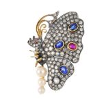 A diamond and gem-set brooch. Designed as a graduated cultured pearl and pave-set diamond butterfly,