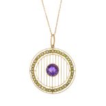 An Edwardian 15ct gold gem-set pendant. The circular-shape amethyst, atop an openwork lattice with