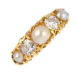 An early 20th century 18ct gold split pearl and diamond ring. The alternating graduated split