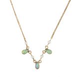 An opal and seed pearl necklace. Designed as three pear-shape opal collet drops, with seed pearl