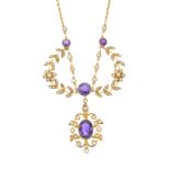 An Edwardian 15ct gold amethyst and split pearl necklace. The oval-shape amethyst and split pearl