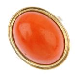 A coral single-stone ring. The oval coral cabochon collet, with plain band. Estimated dimensions