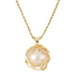 A mabe pearl and diamond pendant. The mabe pearl, with scrolling openwork surround and brilliant-cut