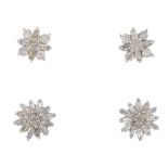 Two pairs of diamond earrings. Each pair designed as a single or brilliant and baguette-cut