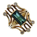 A 1970s 14ct gold tourmaline and diamond dress ring. Of abstract design, the rectangular-shape green