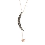 A diamond moon and star pendant. The brilliant-cut diamond star, suspended from a rose-cut diamond