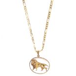 A lion pendant. The textured lion, within a polished surround, suspended from a 9ct gold fancy