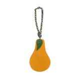 HERMÈS - a fruit key chain. Designed as a tan leather pear with green leather leaf to the oxidized